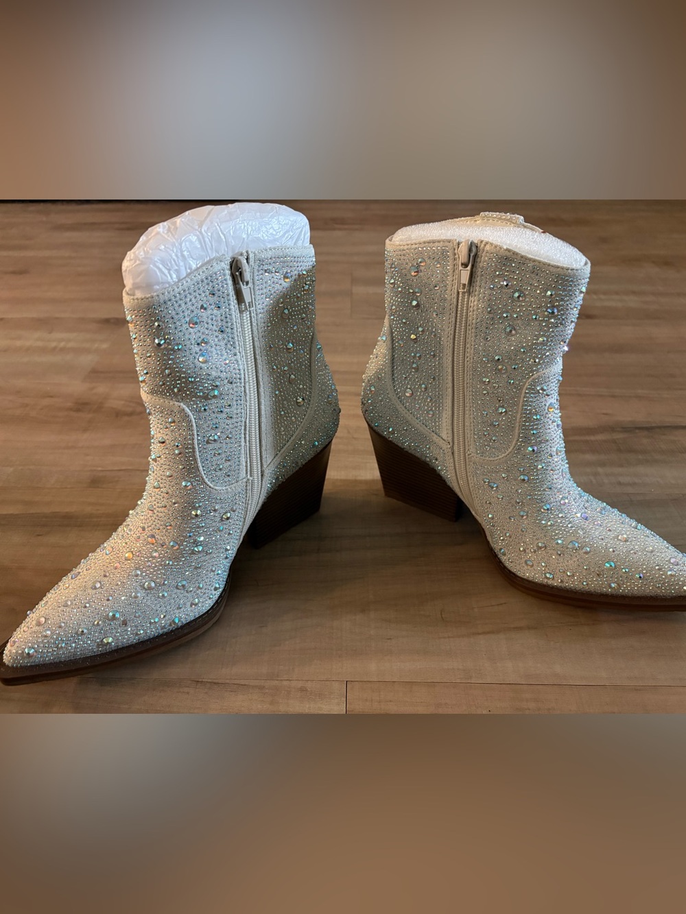 Embellished White Women's Ankle Boots with Rhinestones